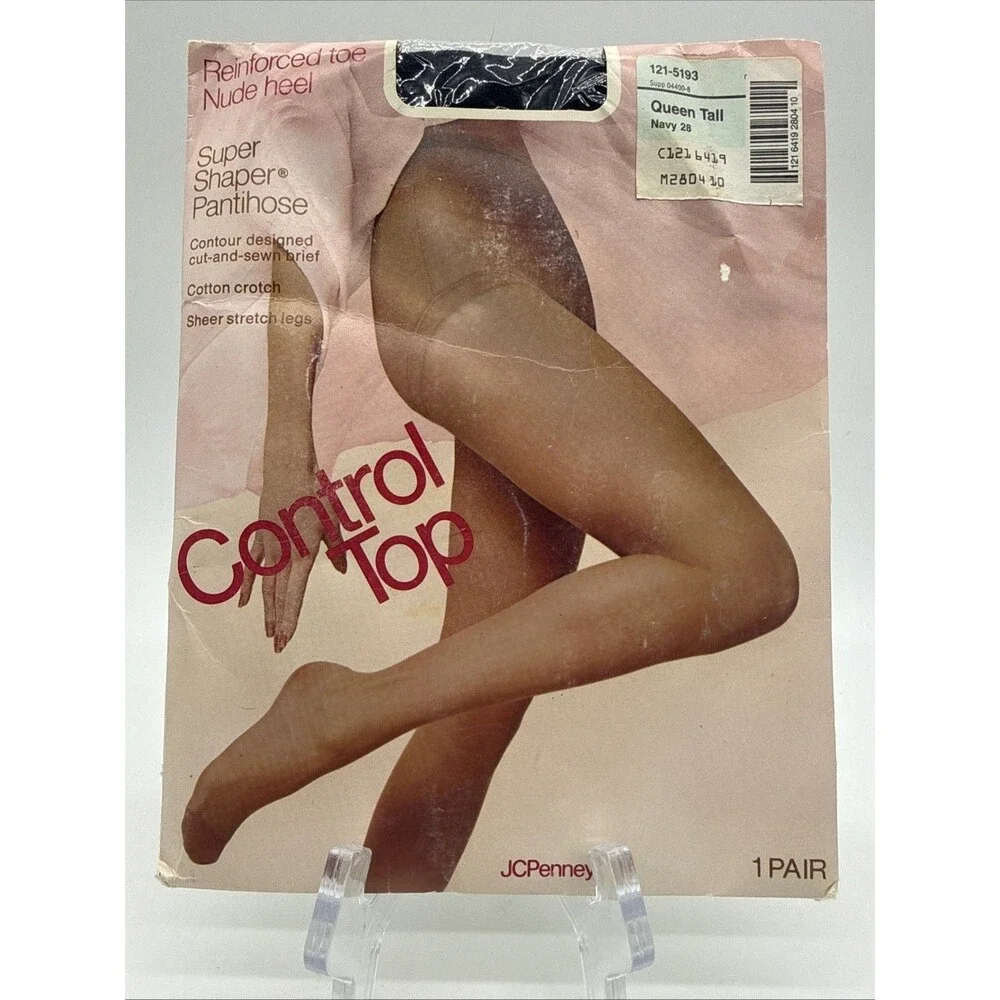 Vtg JC Penney Control Top Reinforced Toe Nude Heel Pantihose Queen Tall Navy 28